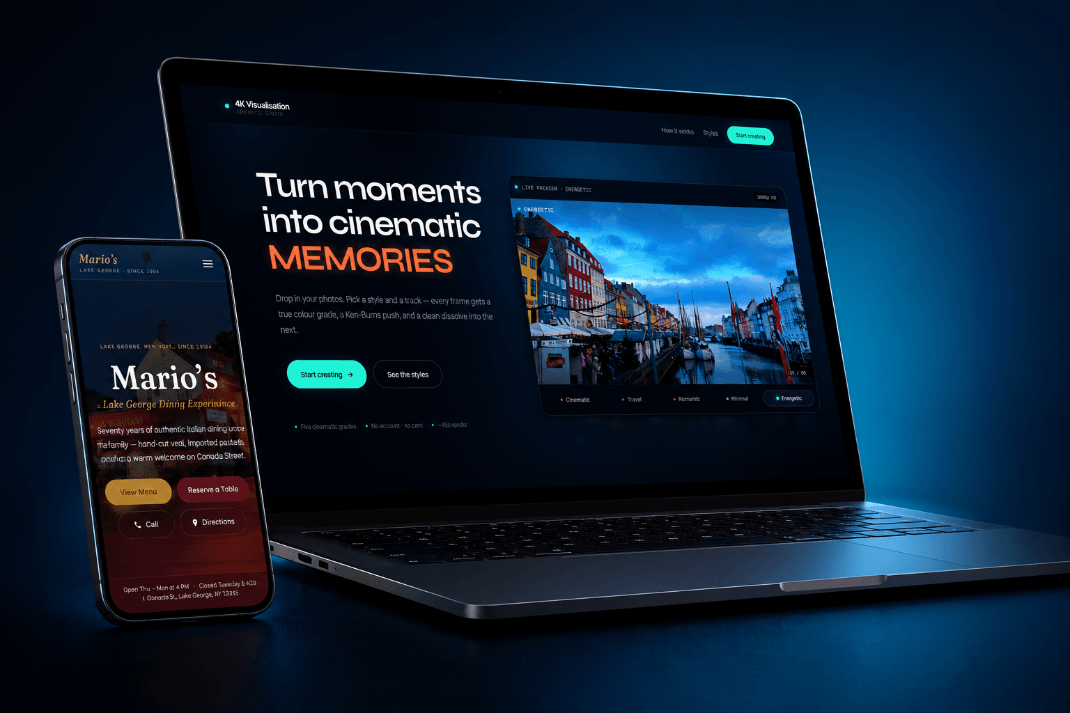 Portfolio preview: recent ReiTech client work shown on laptop and phone mockups