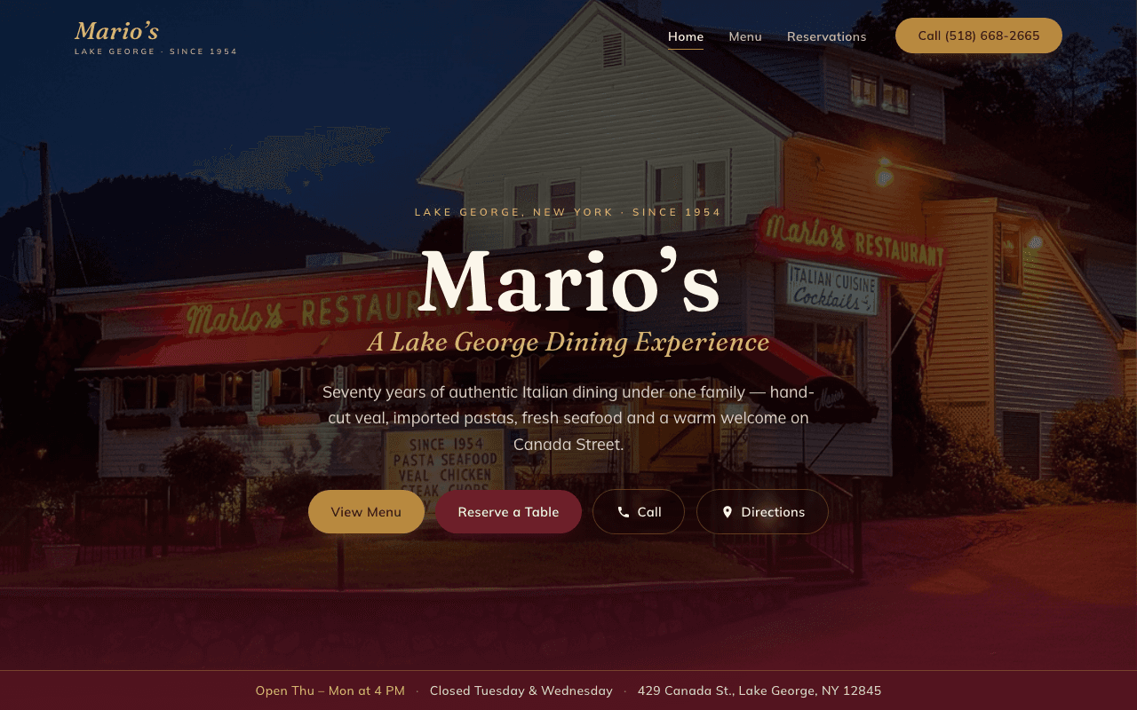 Mario's Lake George — live site screenshot